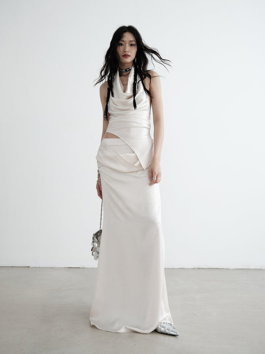 Pearl White Draped Vest and Long Skirt Set