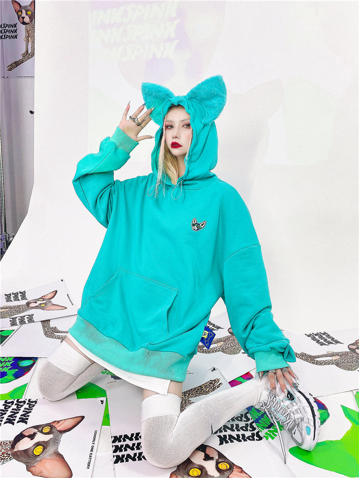 Loose Fit Cat Ear Simple Hoodie