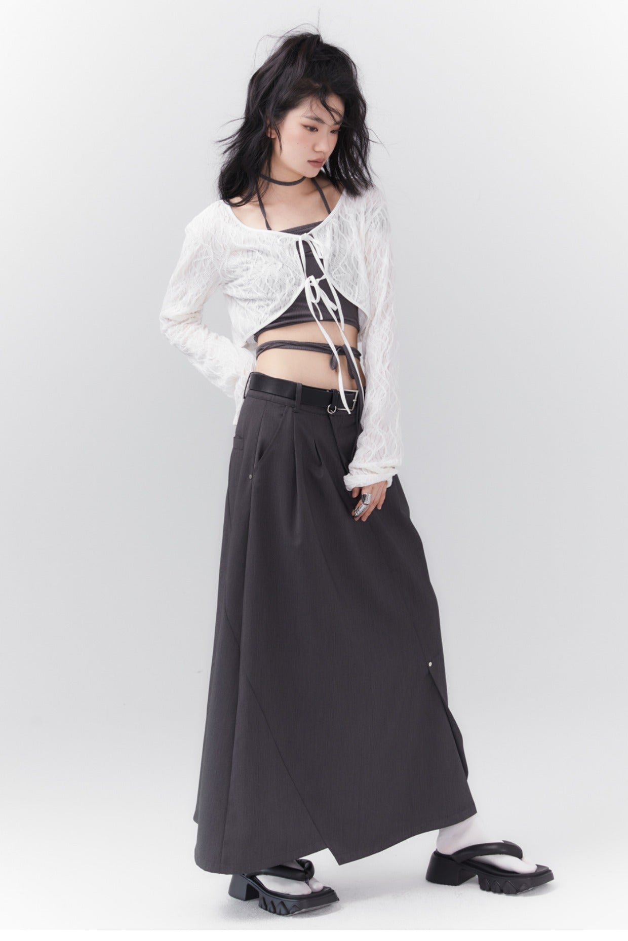 Asymmetrical long length pleated skirt