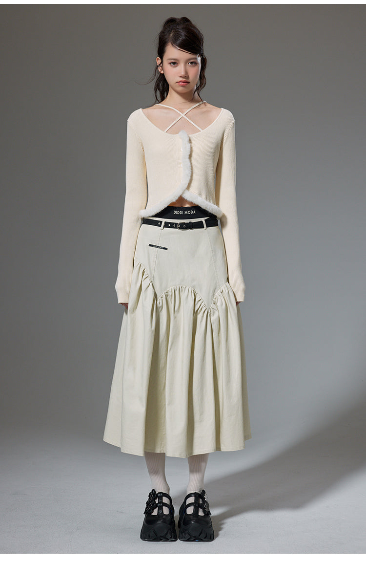 High Waist Stitch Pleated A-Line Long Skirt