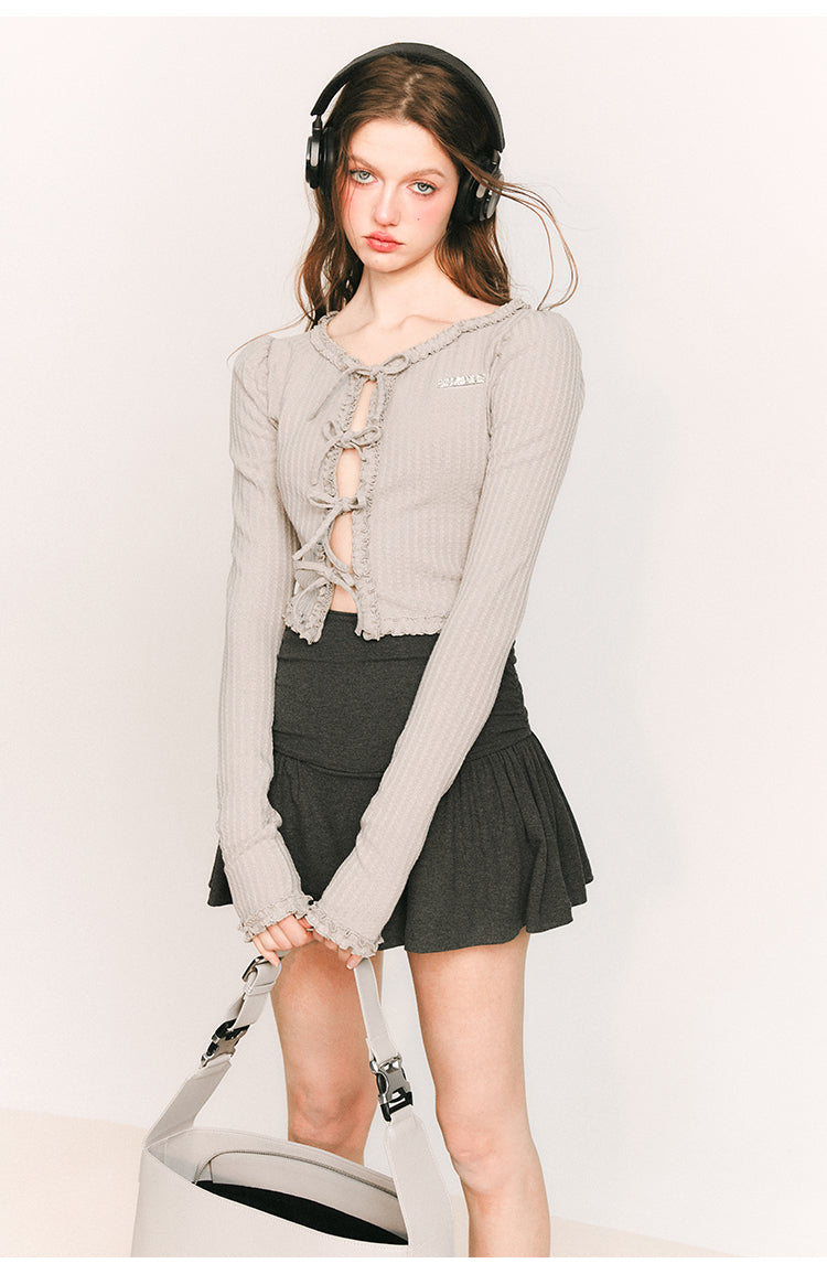 Front  Ribbon Tight Long Sleeve Knit