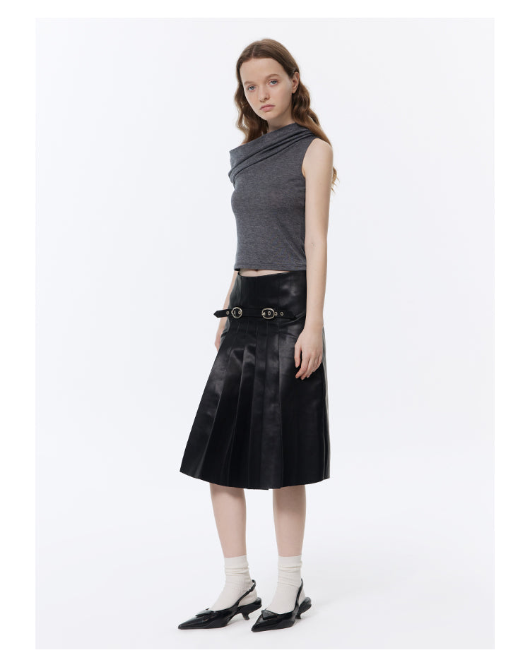 Retro Pleated A-line Leather Skirt