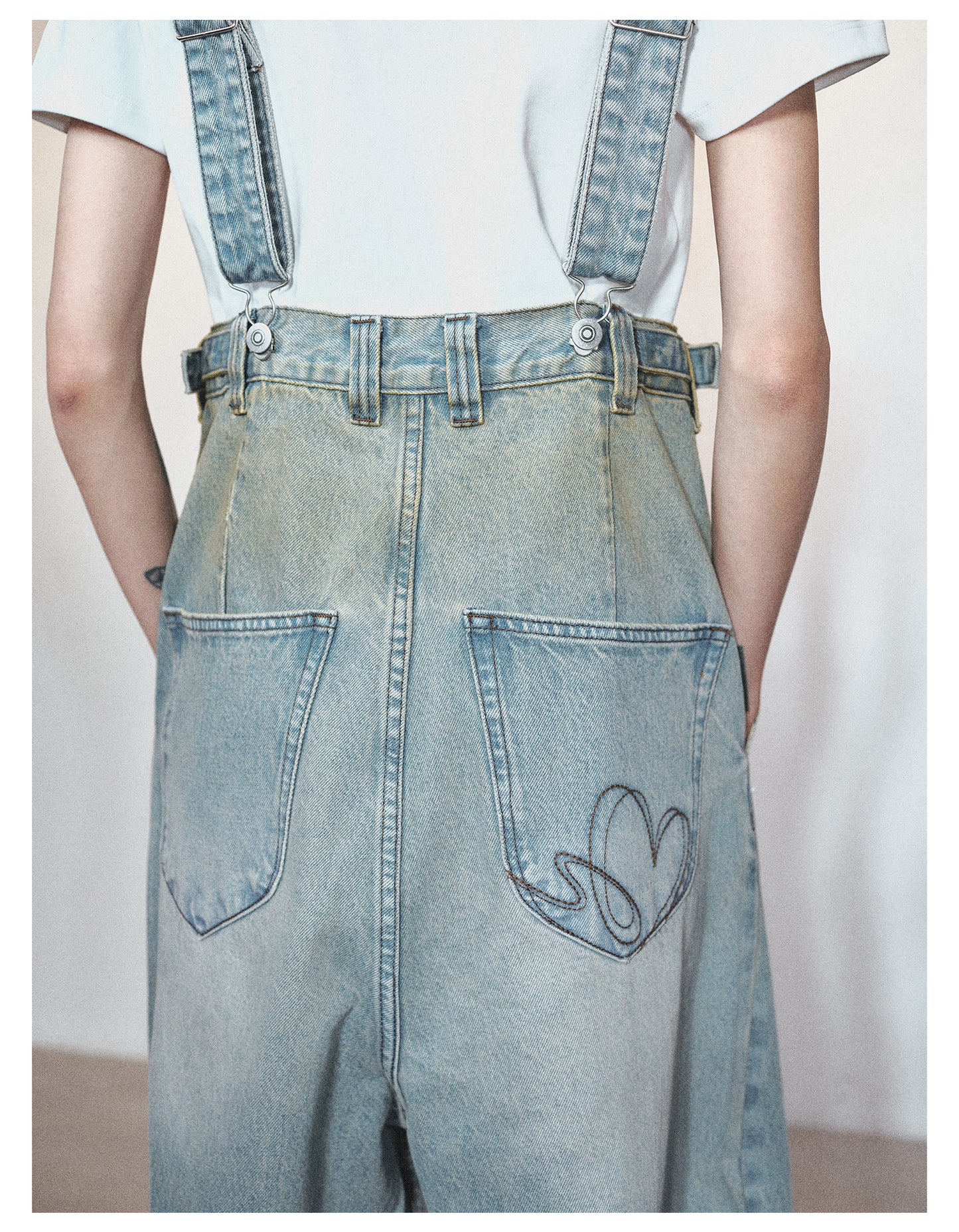 Retro Washed Casual Denim Suspender Pants