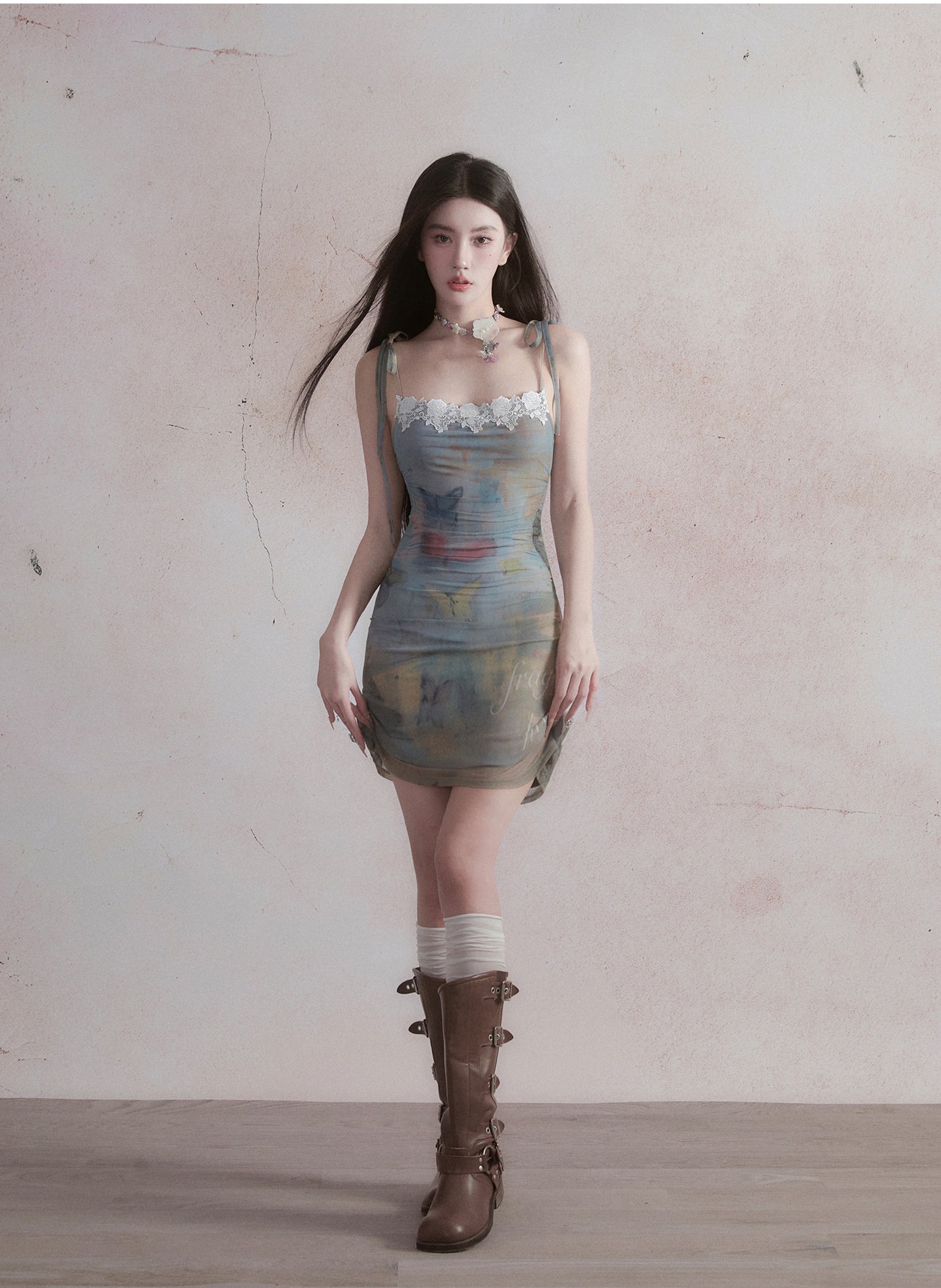 Tie-dye Pattern Butterfly Tight-fitting Suspender Dress