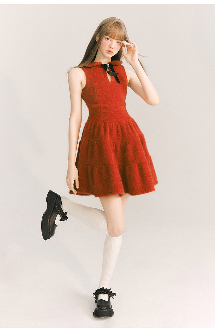 Front Ribbon Sleeveless Short Length Dress