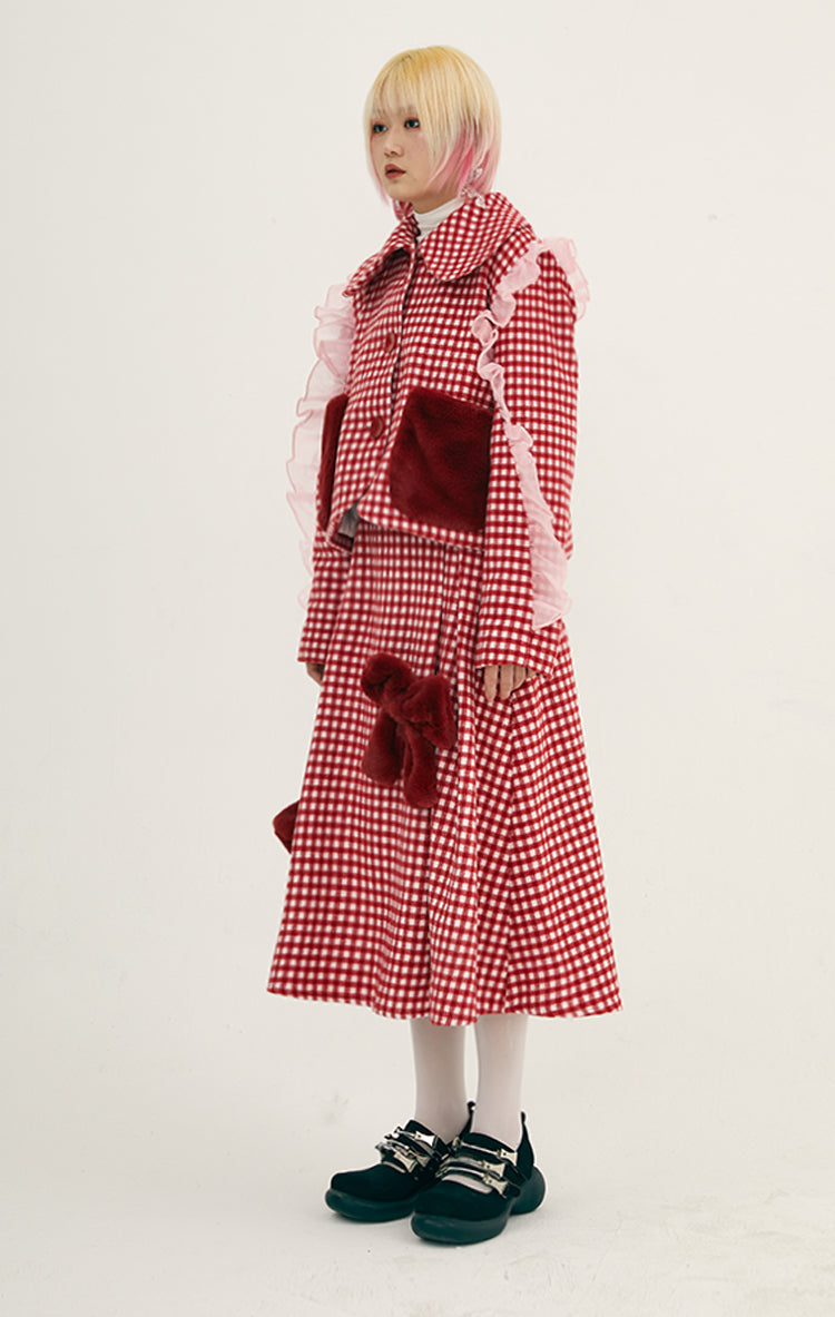 Girly Red Check Ruffle Jacket