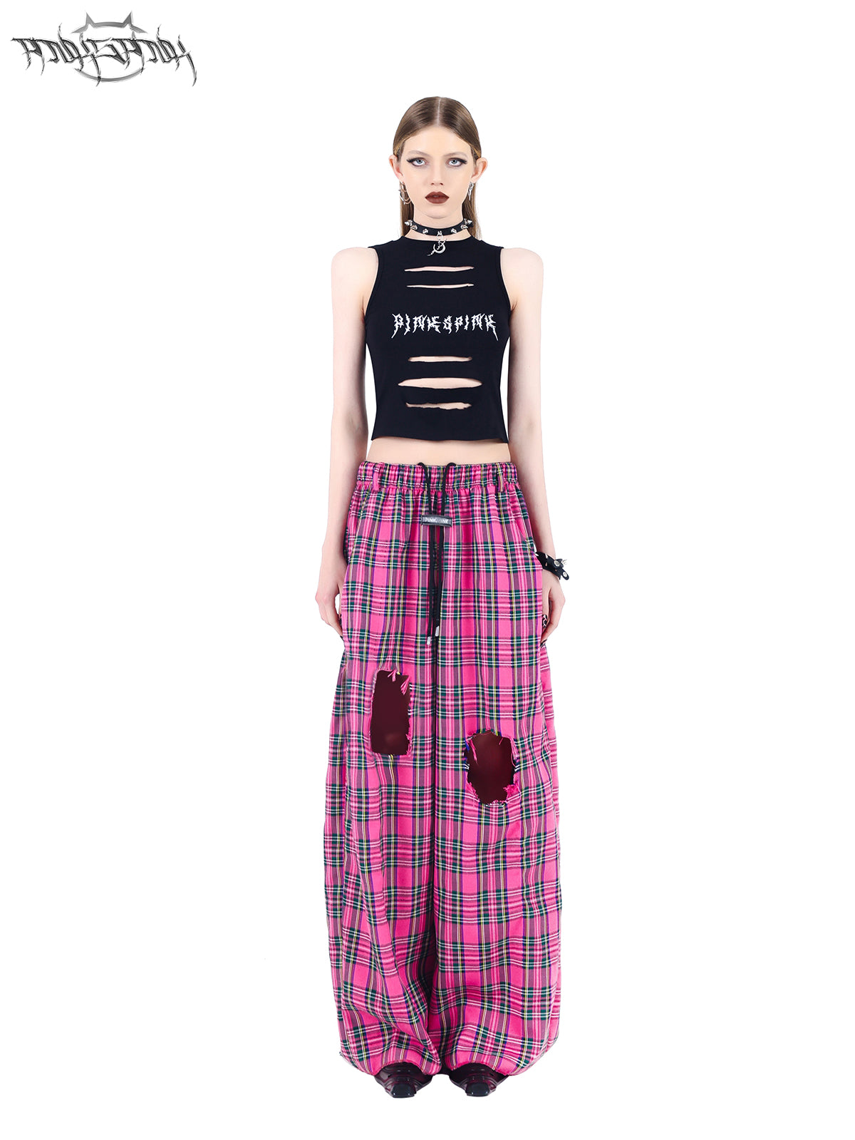 Loose Straight Damaged Plaid Casual Pants