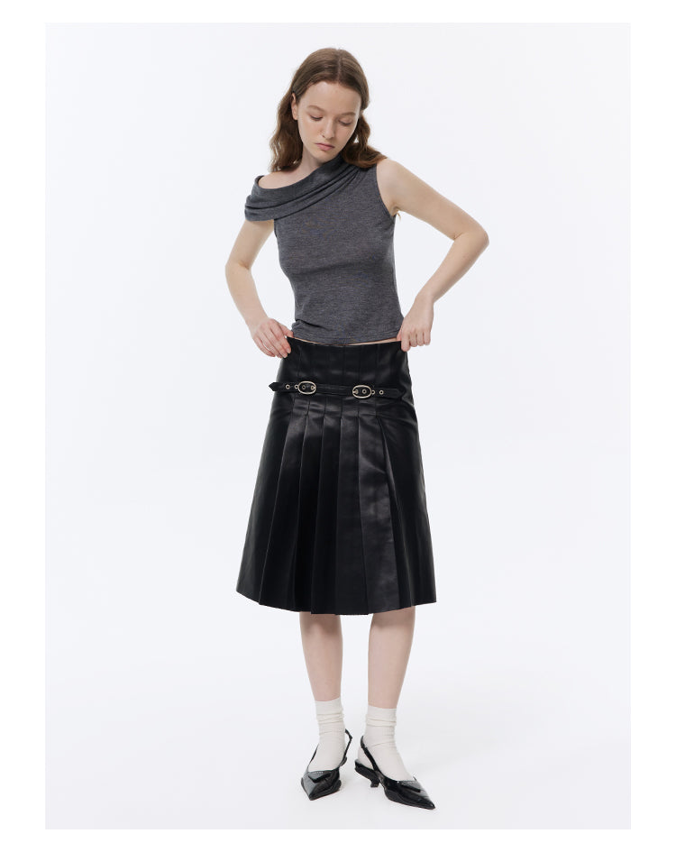 Retro Pleated A-line Leather Skirt