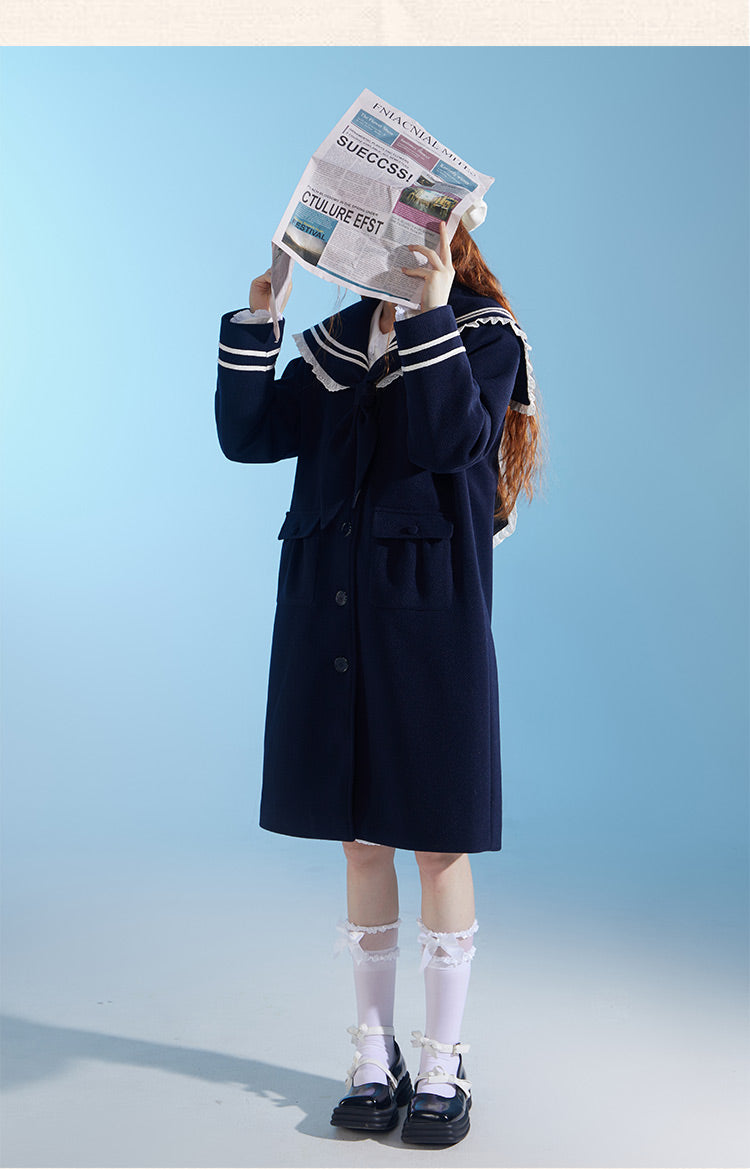 Original design college style navy mid-length wool coat