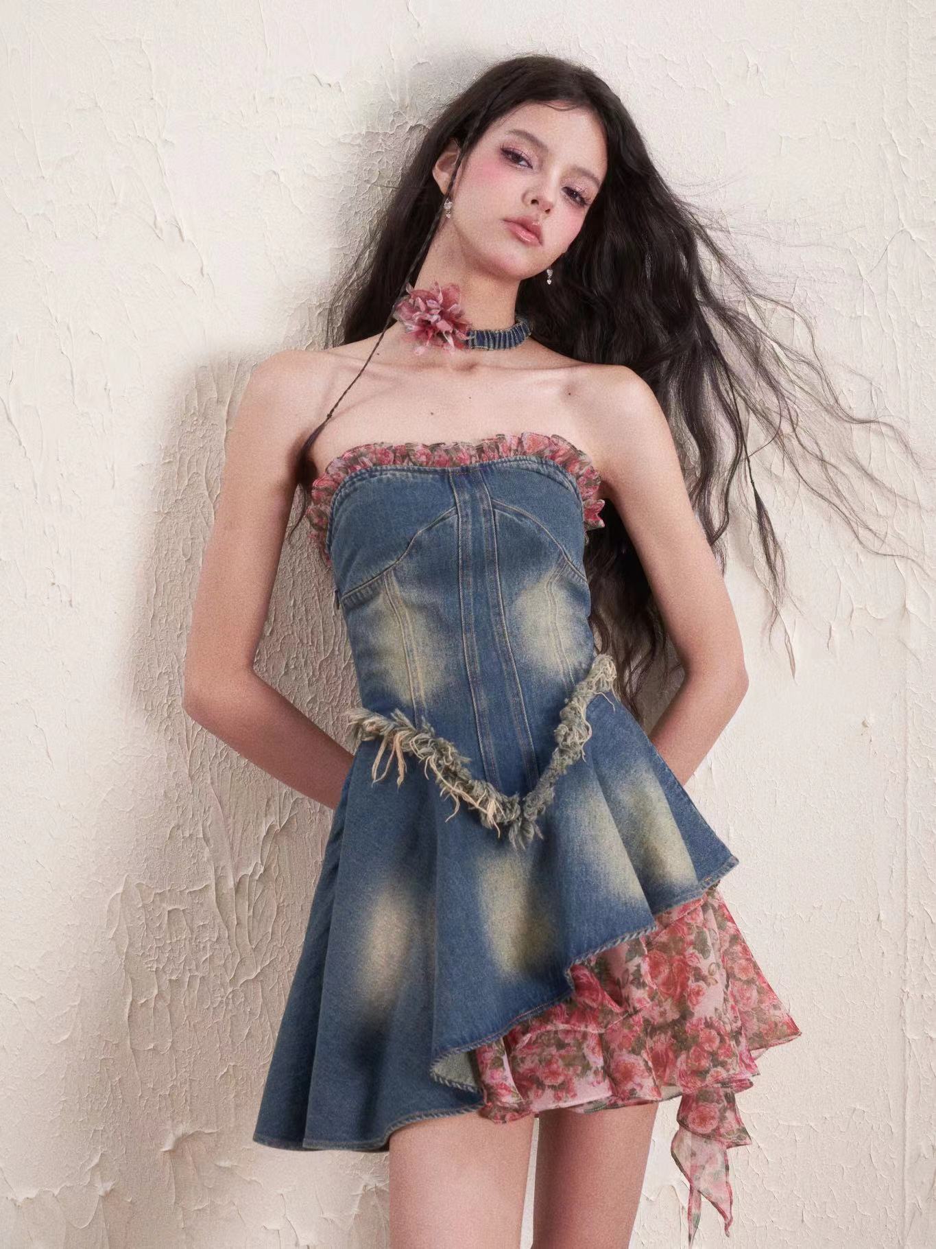 Flower Stitch Tube Top Denim Dress