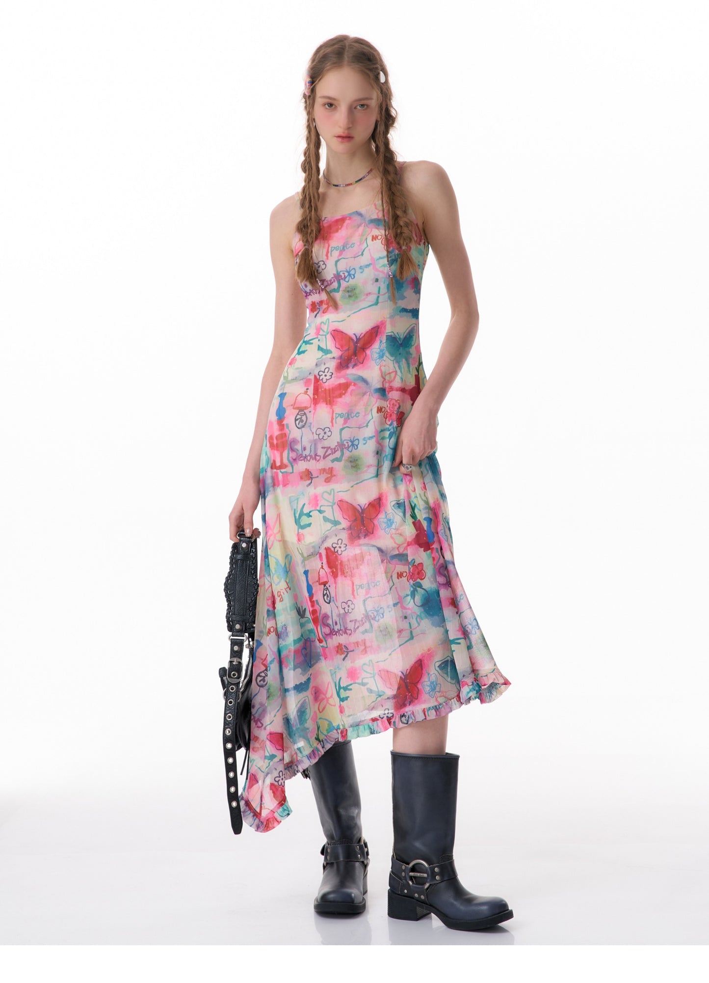 Graffiti butterfly print suspender dress