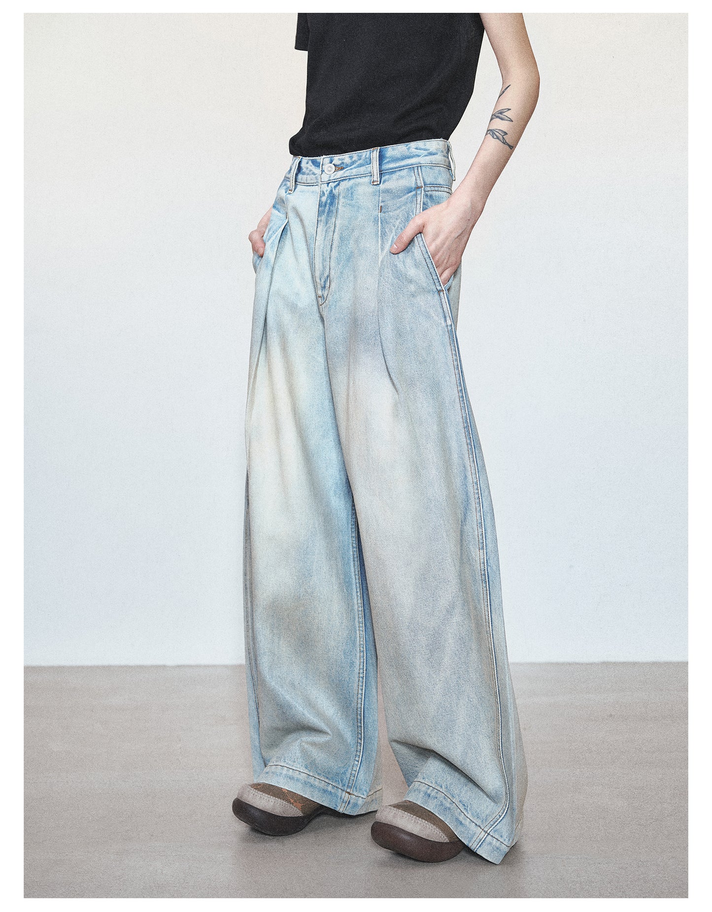 Retro Washed Damaged Wide Leg Casual Denim