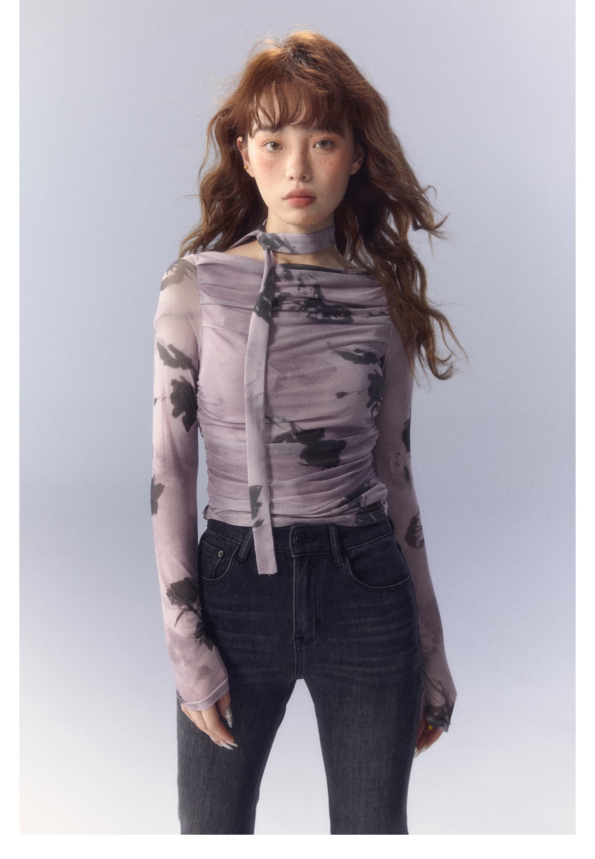 Purple Butterfly Rose Print Mesh Long-Sleeved T-Shirt