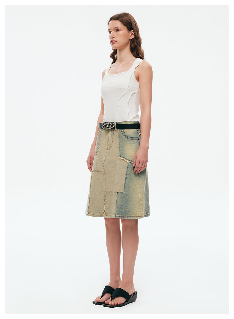 Reconstructed Retro Washed Slim A-Line Skirt