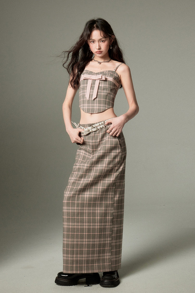 Plaid ribbon tube top &amp; a-line long length skirt set-up