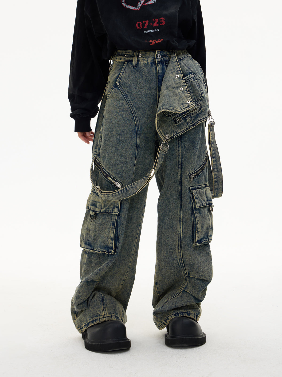 Multi-pocket Washed Denim Overalls