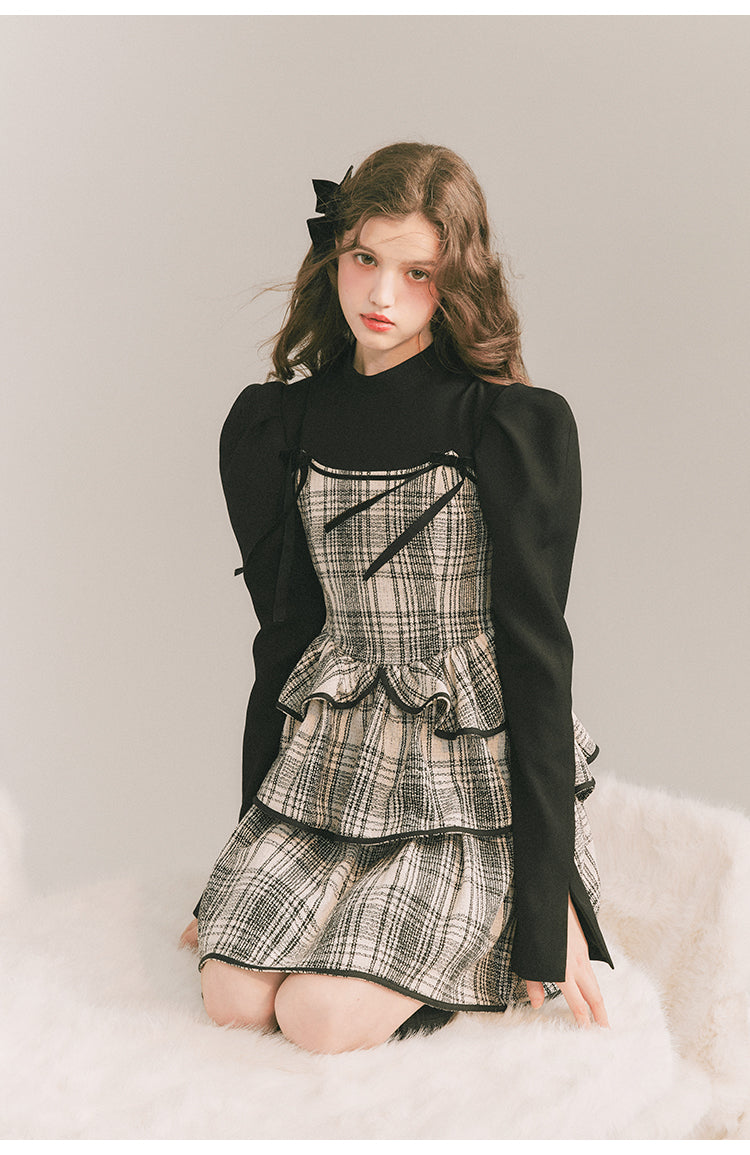 Checkered Shoulder Bow Fake Two-piece Dress