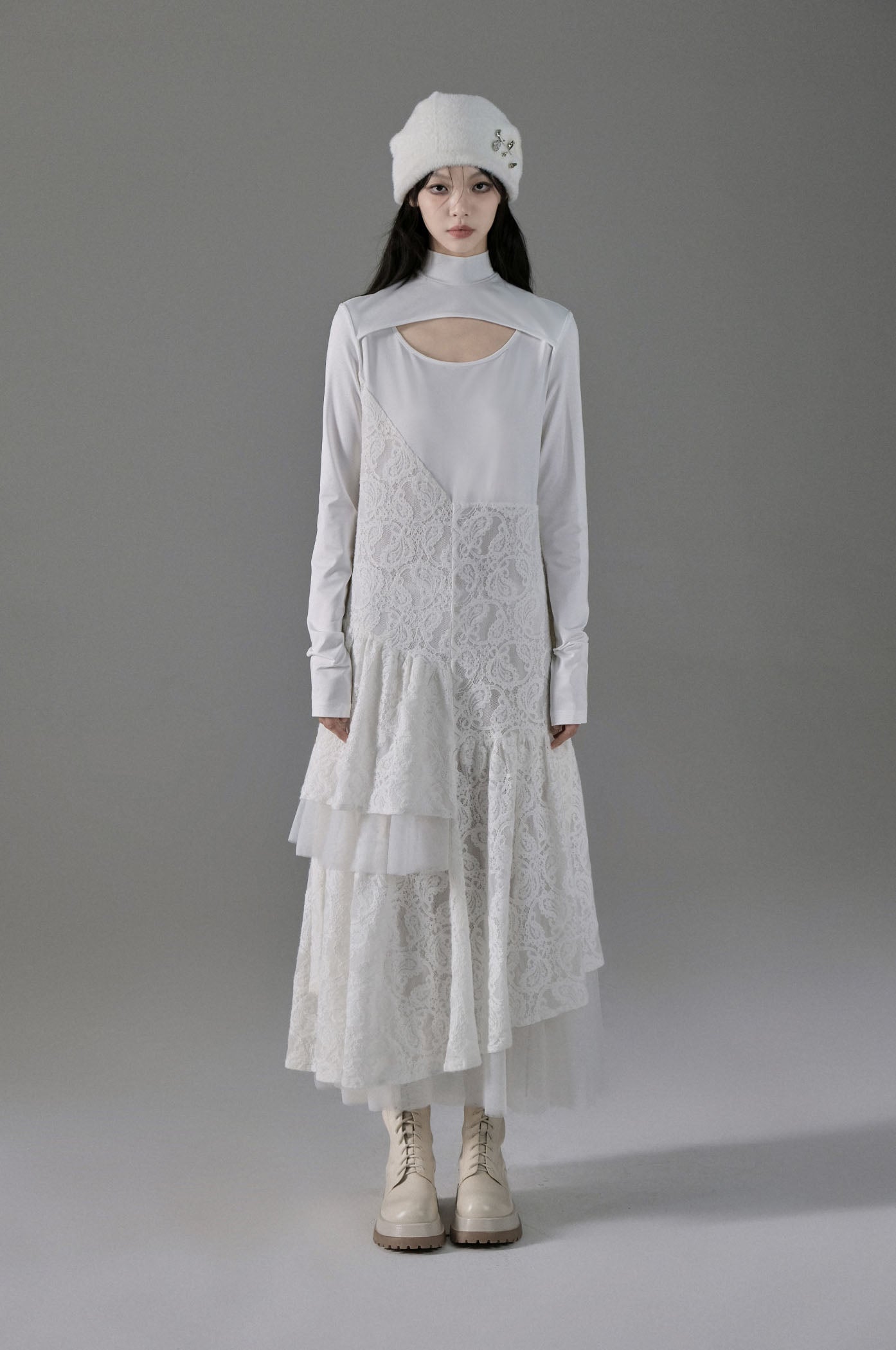 Gentle Style Asymmetric Stitch Hollow Jacquard Long Sleeve Dress