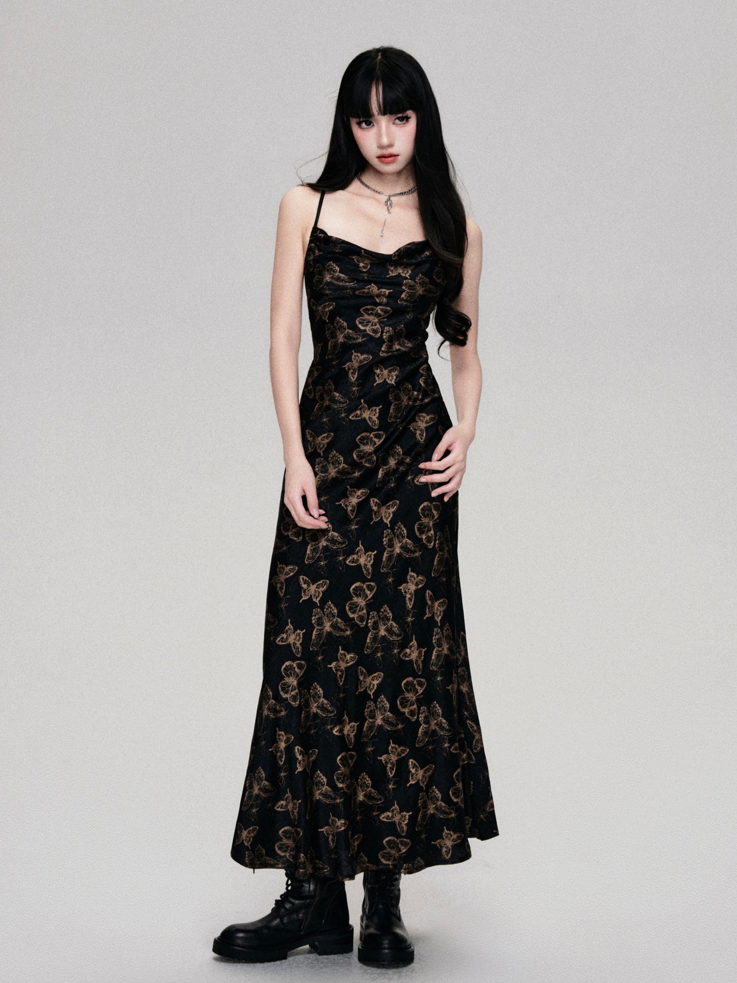 V-Neck Floral Pattern Long Length Suspender Dress