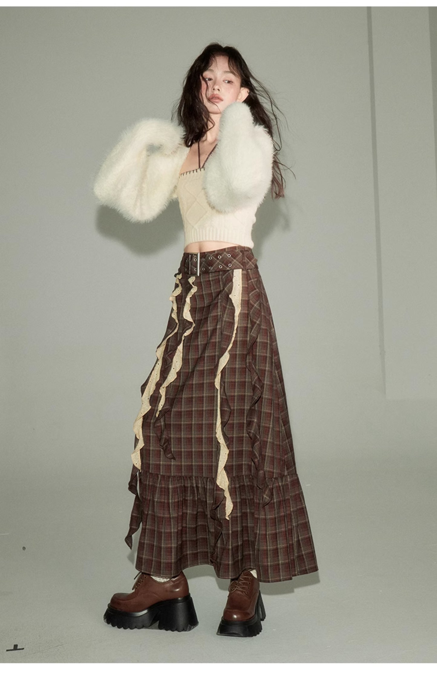 Irregular Design Plaid Long Length Skirt