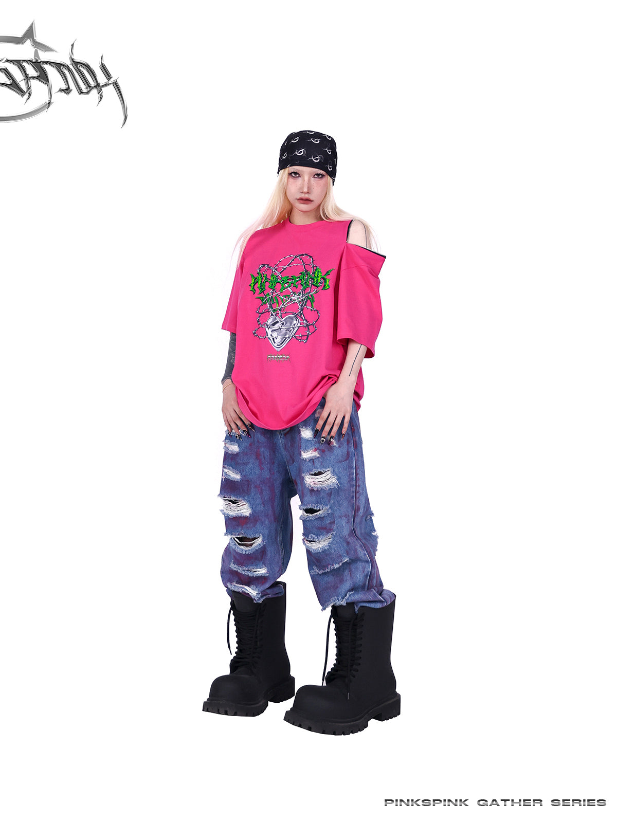 Loose Straight Graffiti Damaged Denim Pants