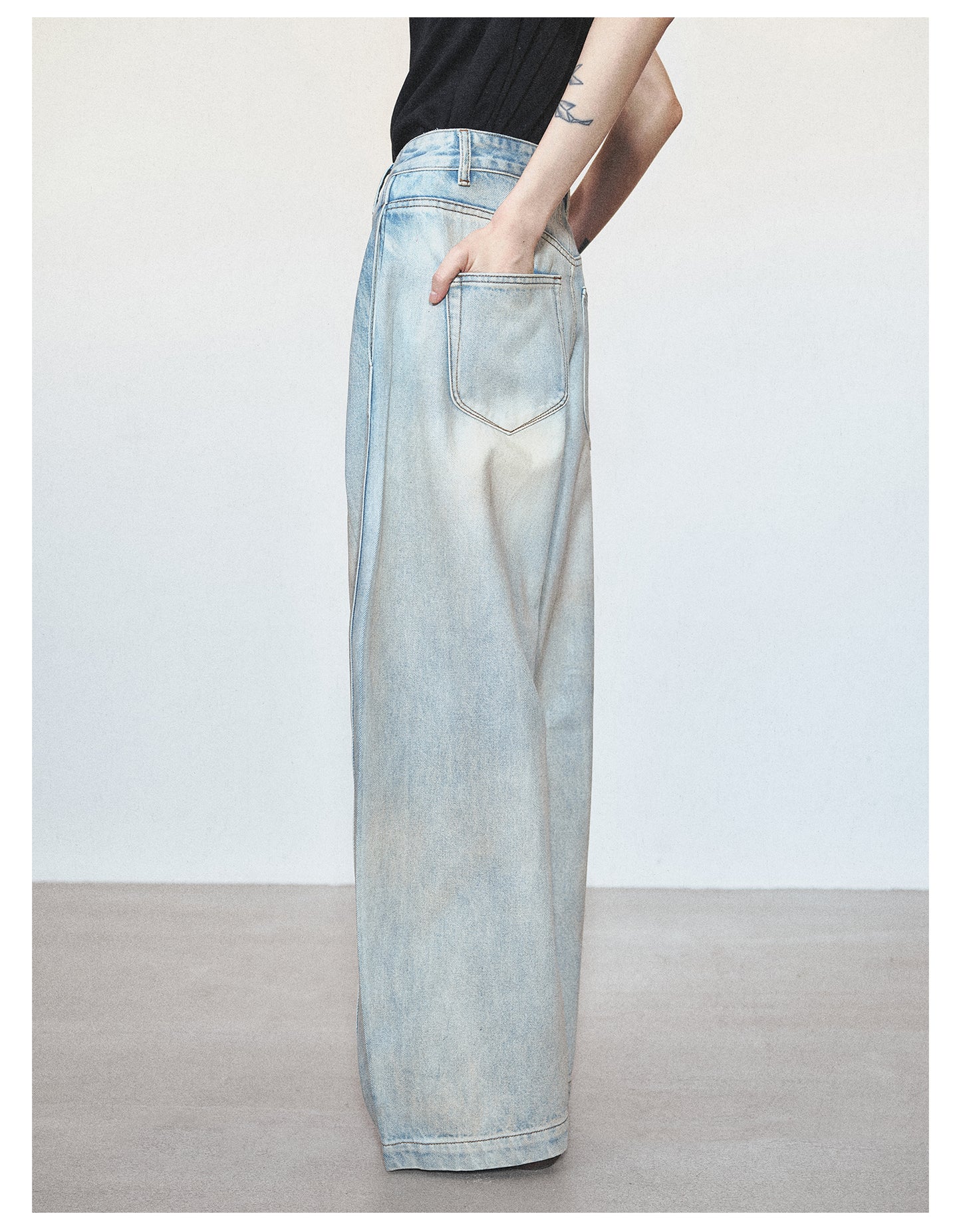 Retro Washed Damaged Wide Leg Casual Denim