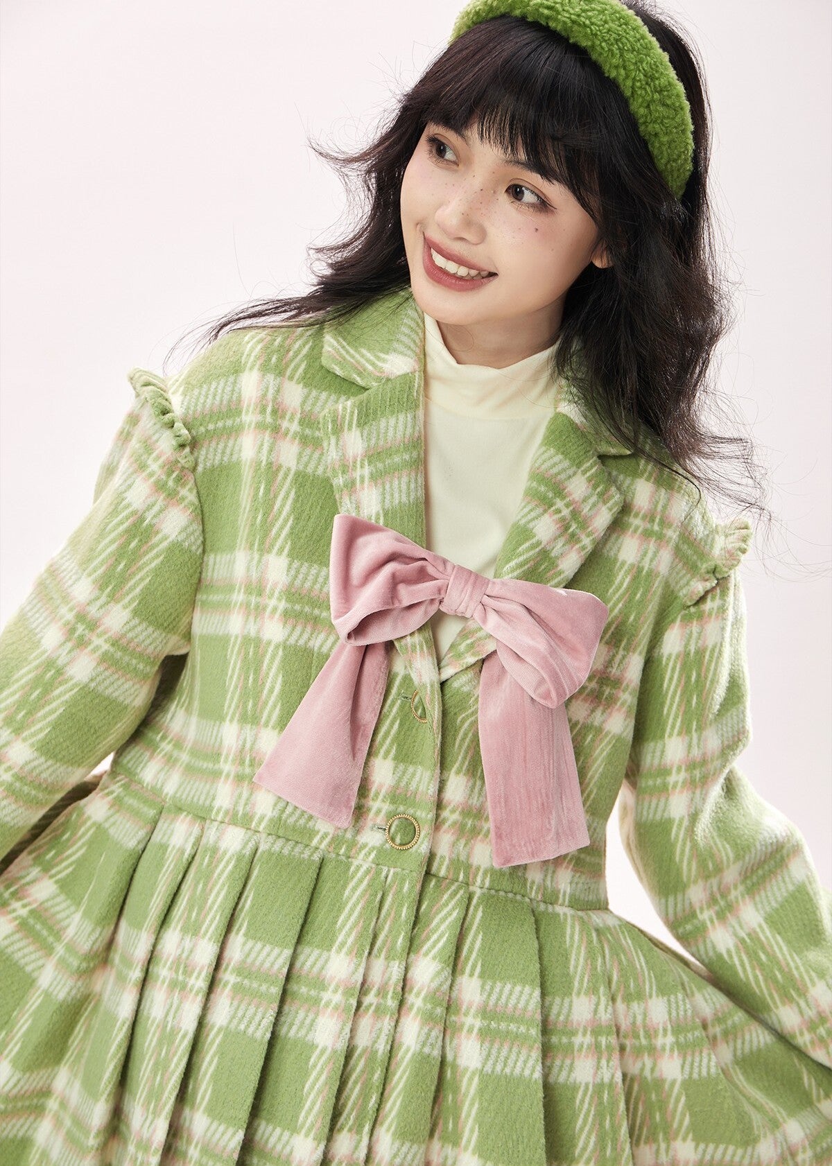 Original design checkered ribbon mid-length coat