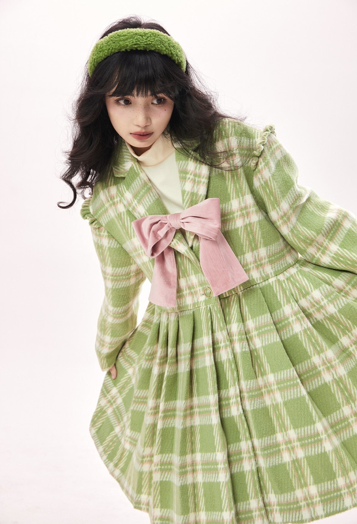 Original design checkered ribbon mid-length coat