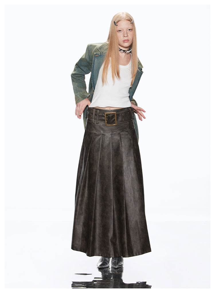 A-line Long Length Pleated Retro Leather Skirt