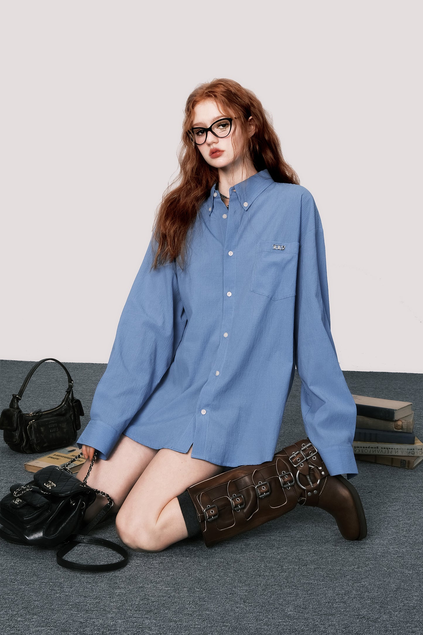 Loose fit blue cotton shirt