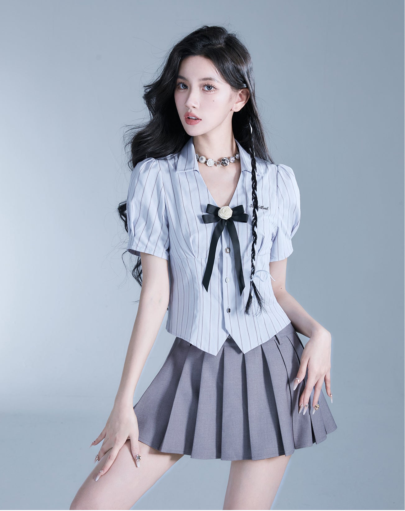 College Style Short Length Striped Shirt & Slim Fit Short Length Skirt Setup