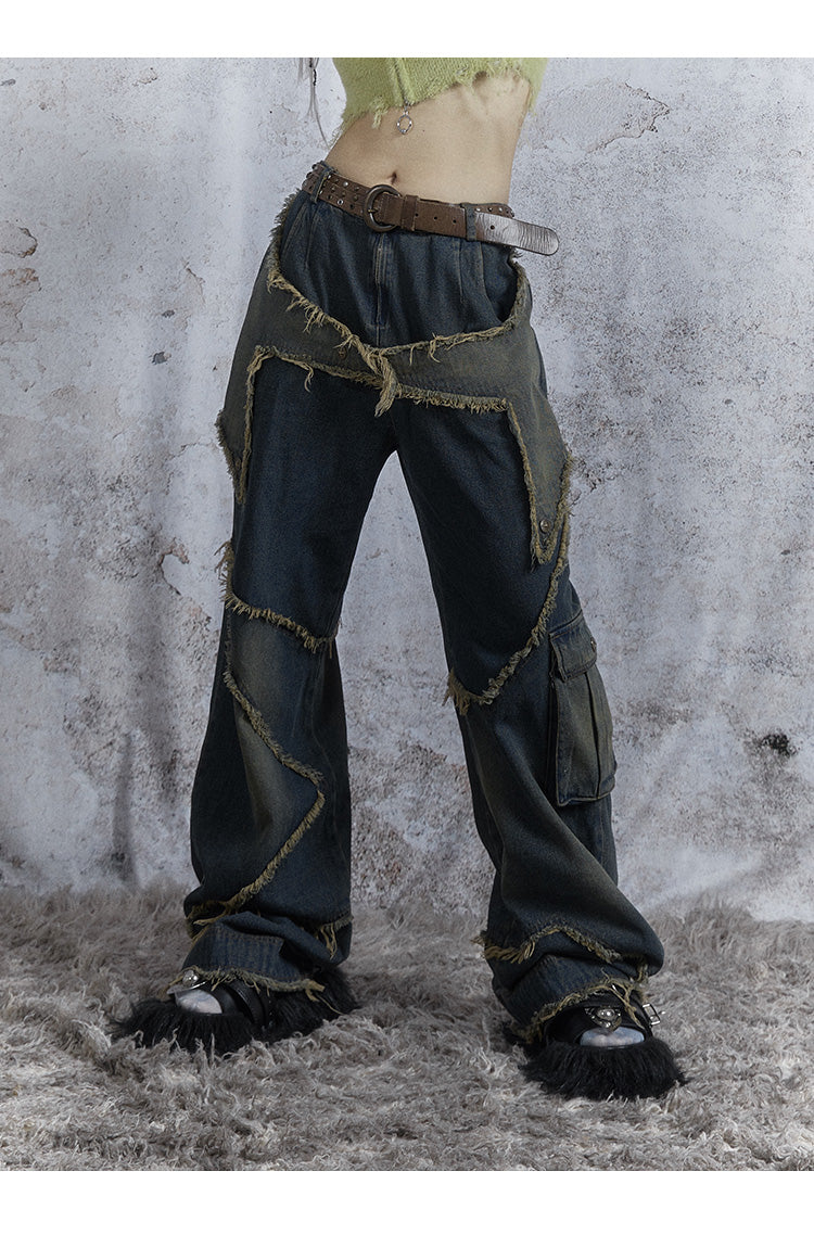 Washed Star Damaged Design Denim Pants