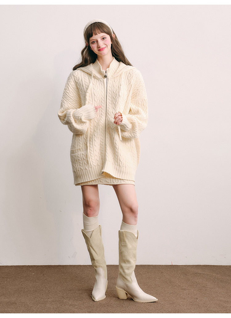 Rabbit ears hooded knit cardigan&Skirt