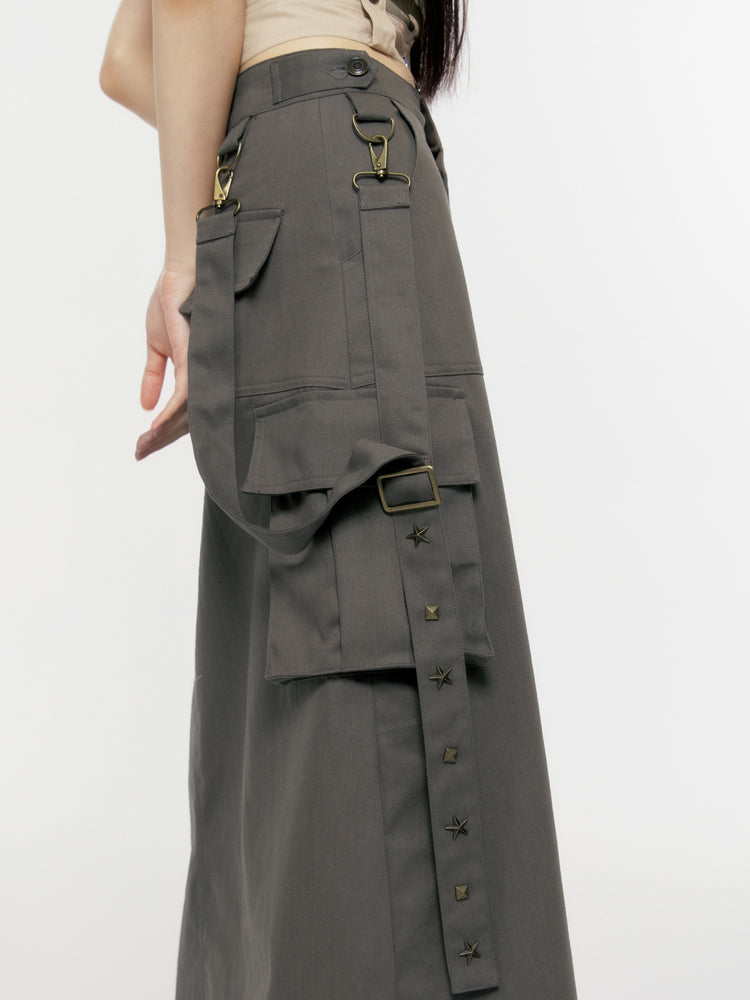 Overalls Suspender Star Riveted Straight Long Skirt