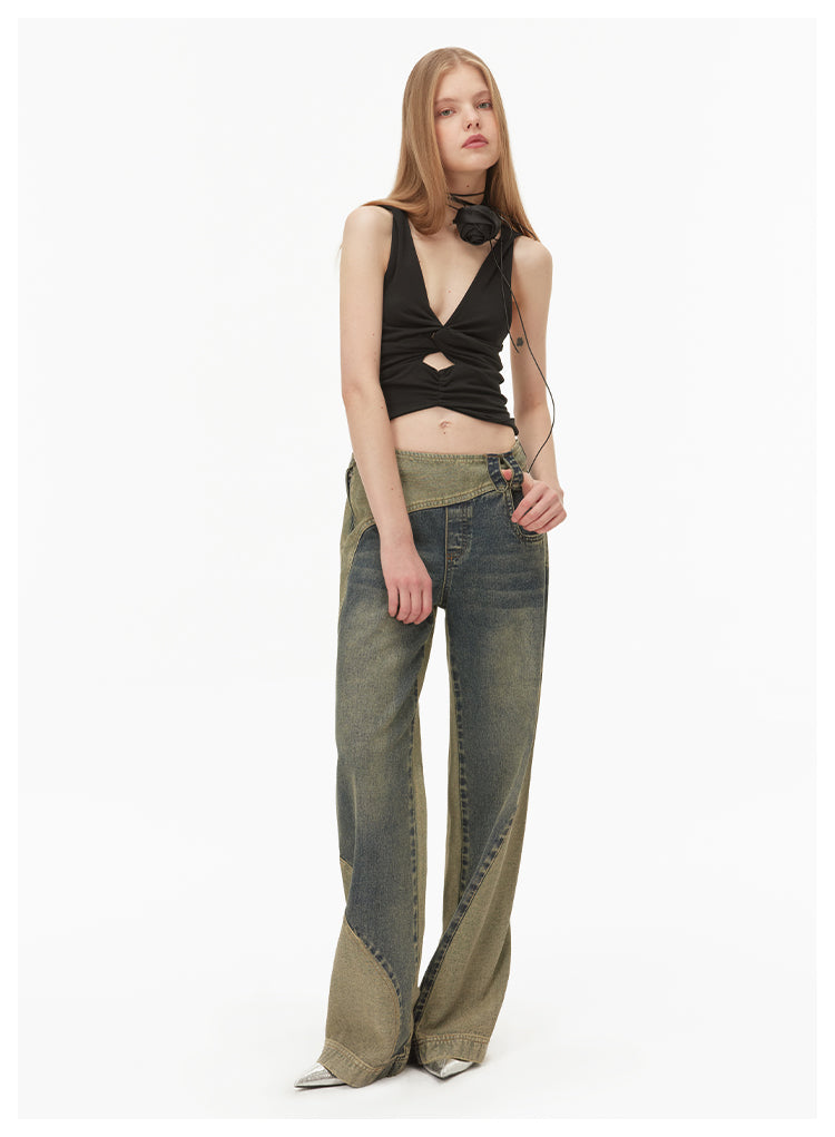 Reconstructed Retro Slim Straight Denim Pants