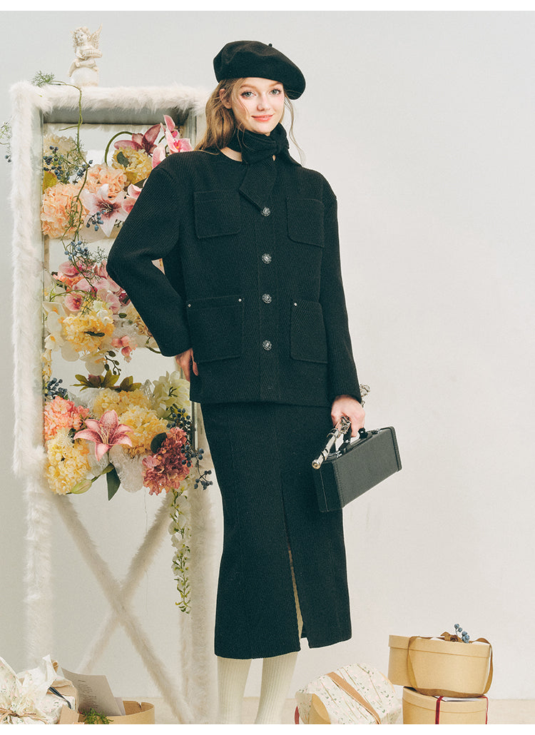 Wool Jacket Black Slit Skirt Suit