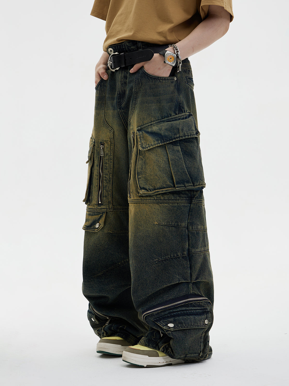 Loose Straight Double Waist Multi Pocket Pants