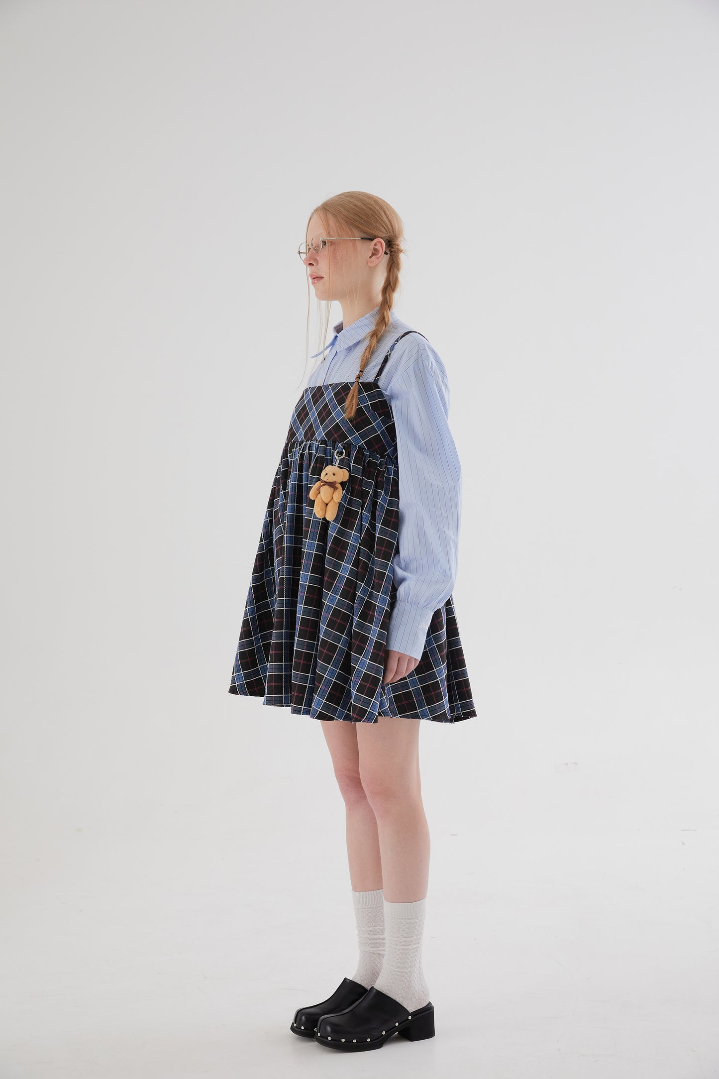 Plaid square-neck suspender dress