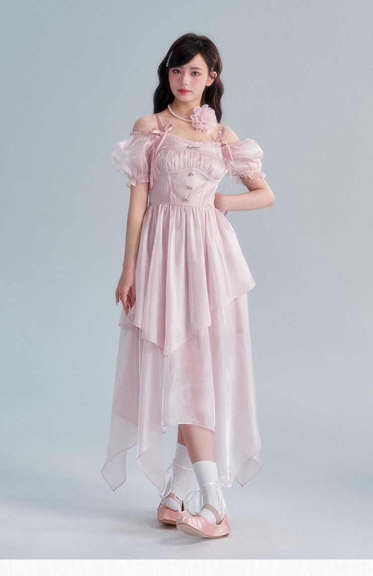 Pink Square Neck Puff Sleeve Long Dress