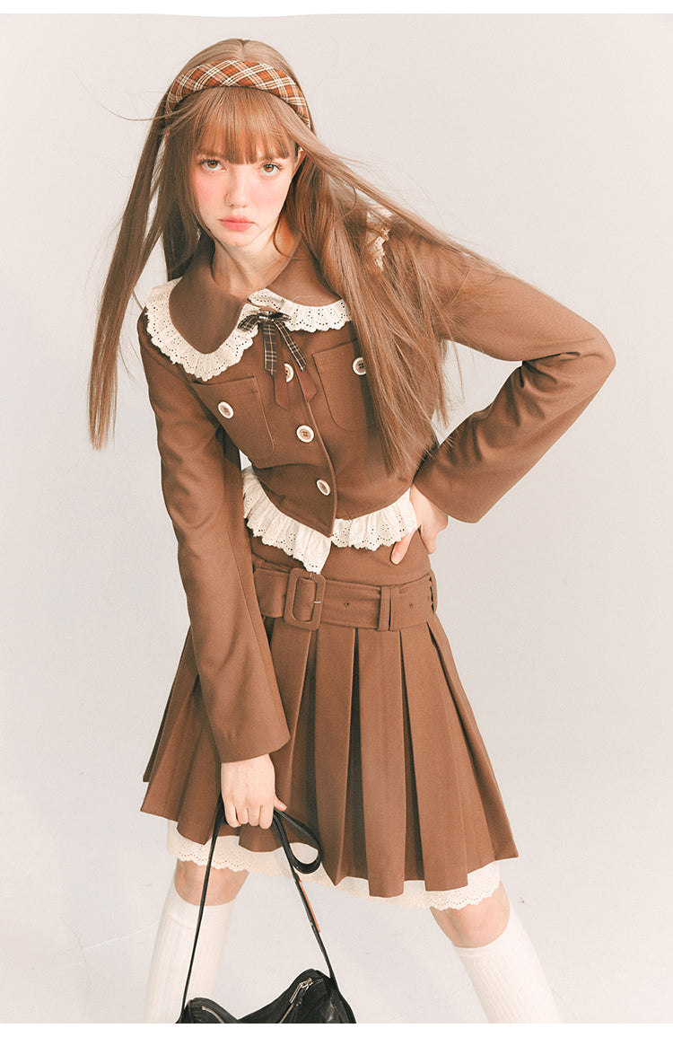 Short Length Frill Neck Jacket & Pleated Skirt Set-Up