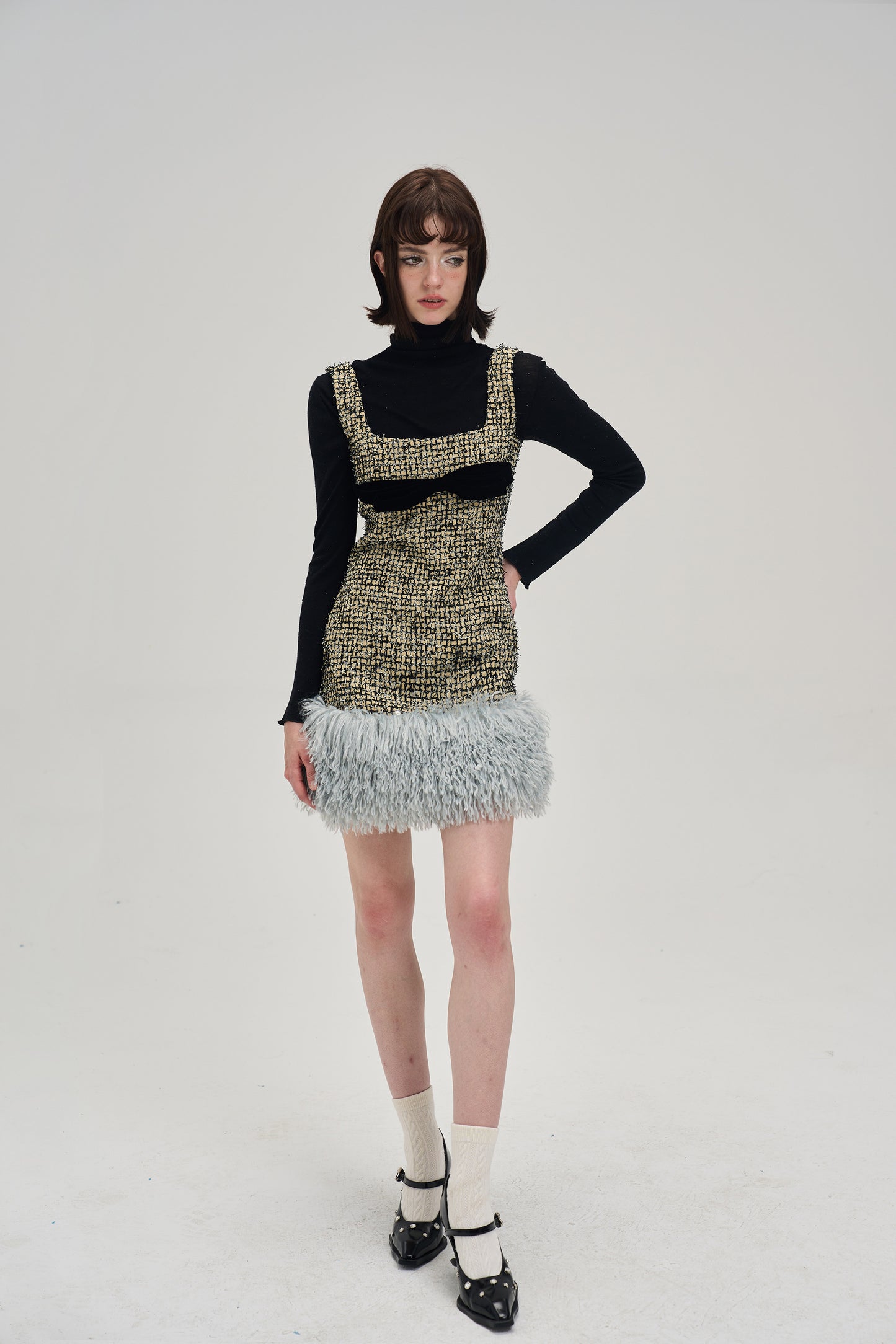 Square Neck Short Length Ribbon Tweed Fur Dress