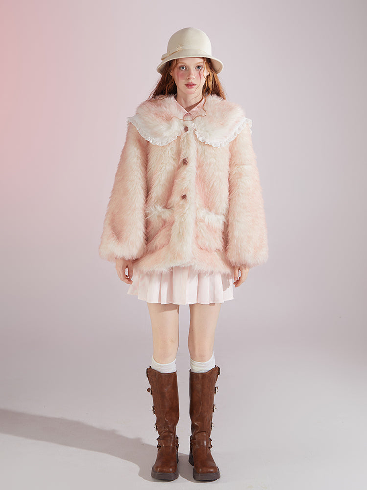 Original designSweet Baby Collar White&Pink Fur Coat