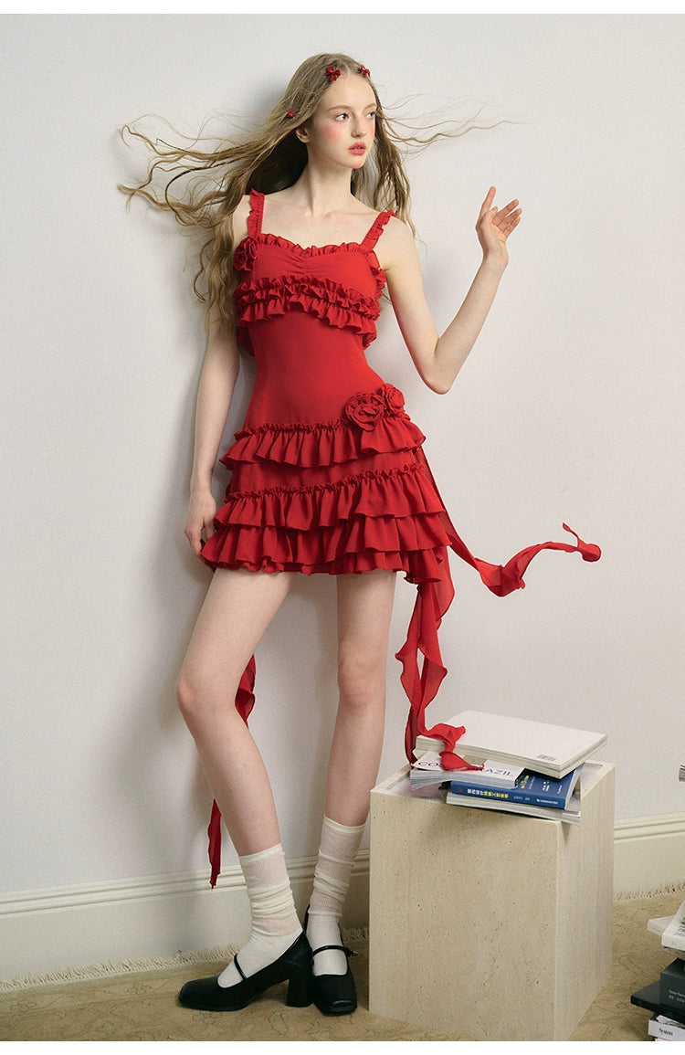 Relaxed French Red Suspender Dress