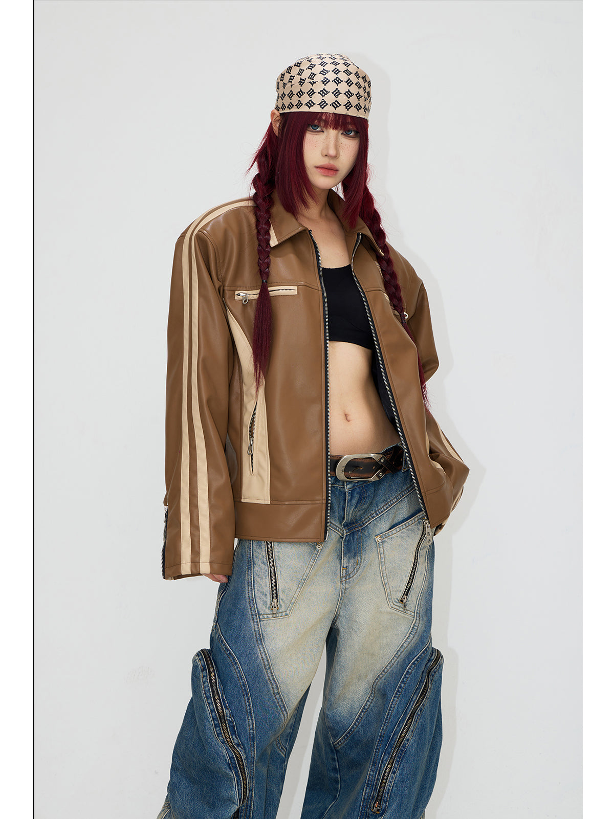 Contrast color retro leather jacket