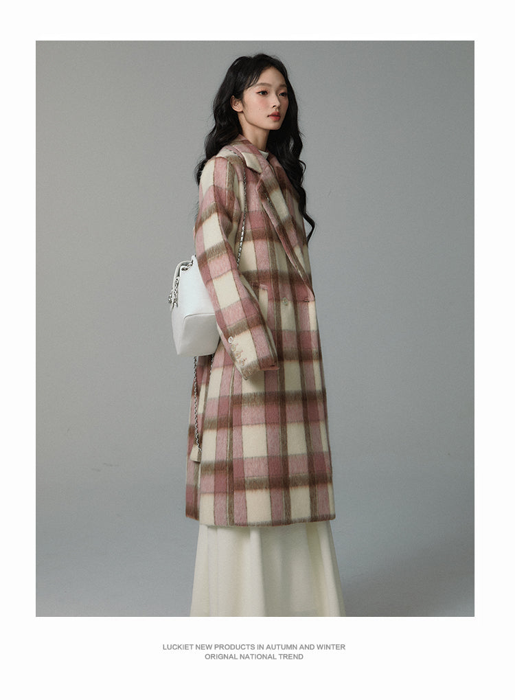 Checked wool mid-length coat