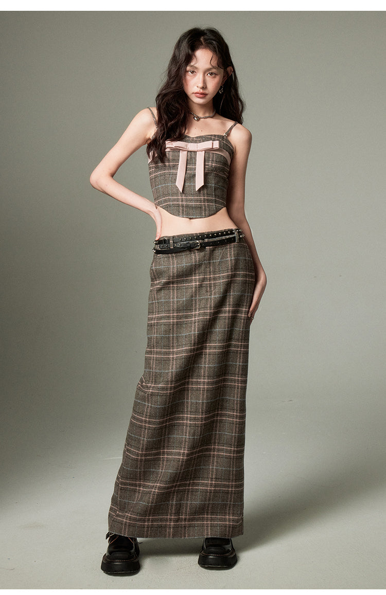 Plaid ribbon tube top &amp; a-line long length skirt set-up