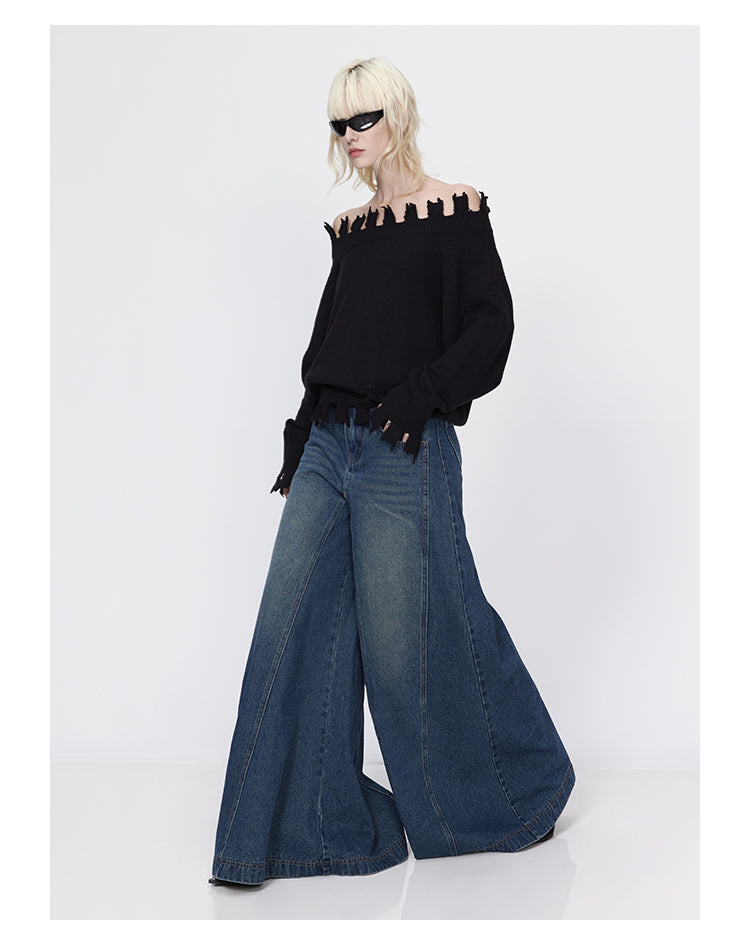 Oversized wide leg washed retro glare denim pants