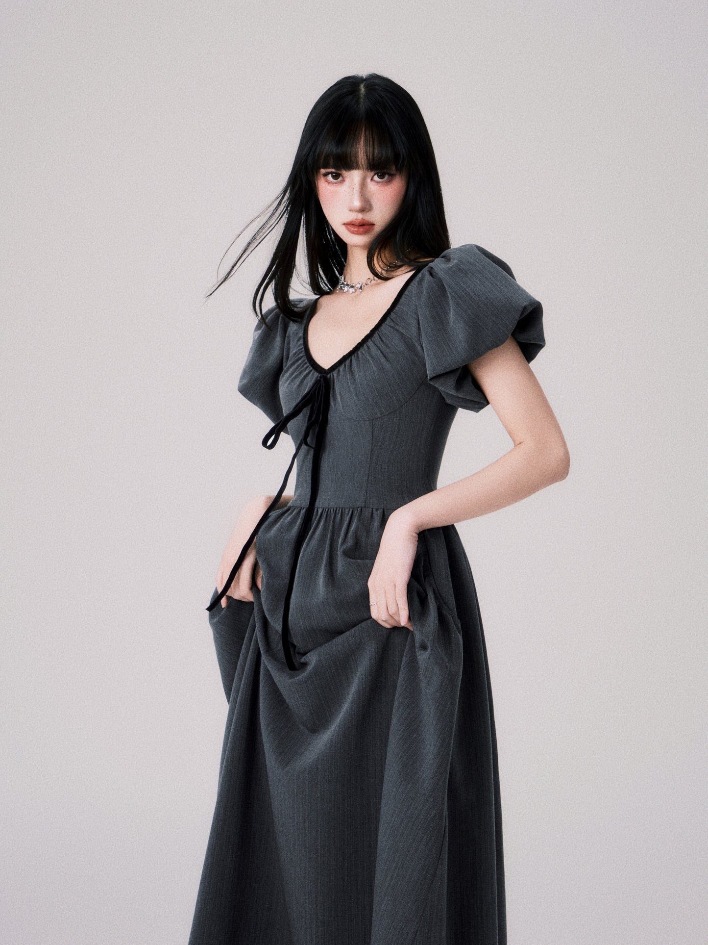 French V-neck Puff Sleeve Ribbon Dress