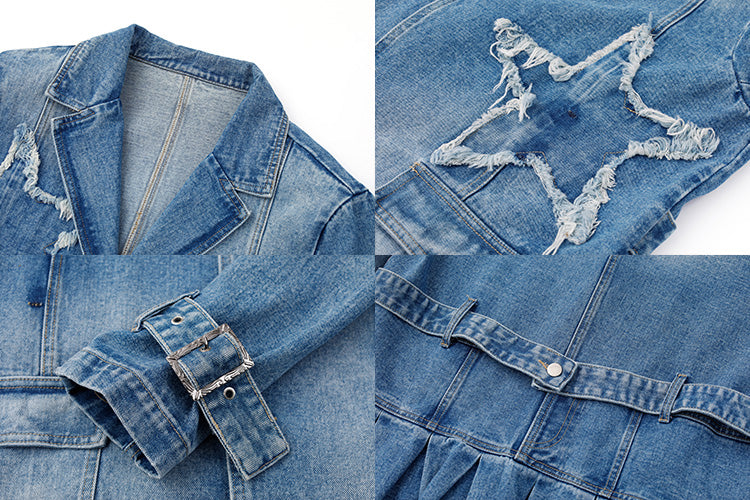 Loose Fit Damaged Star Shape Denim Setup