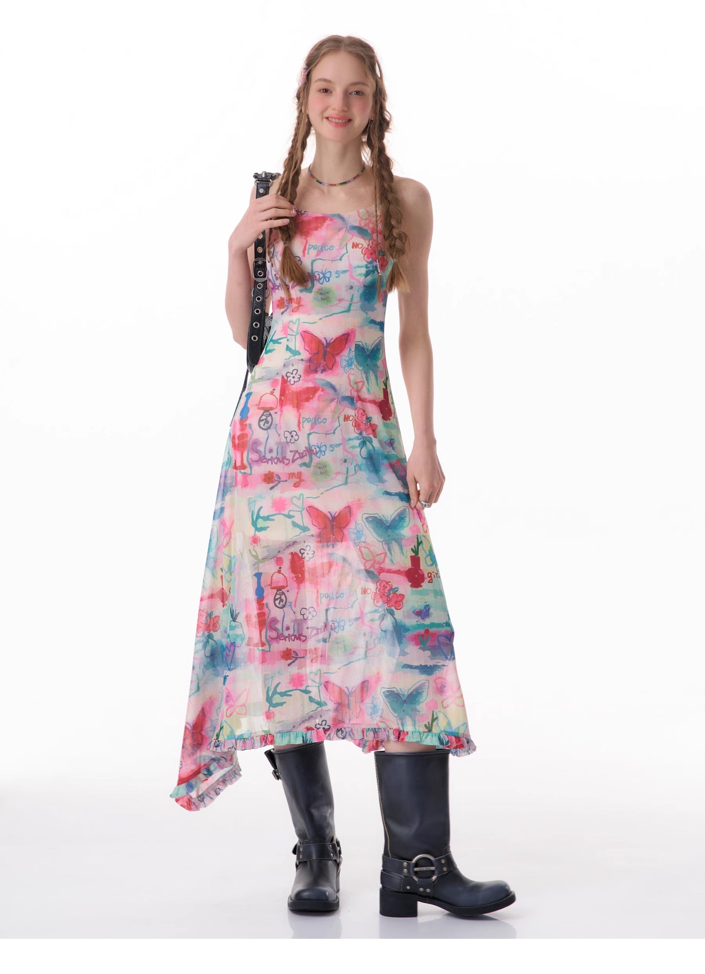 Graffiti butterfly print suspender dress